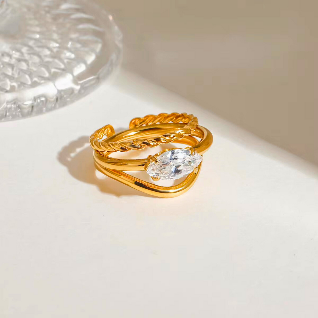 18KT Gold Plated Set of 2 Stackable Water Droplet and leaves Stainless Steel Waterproof Rings, Magnolia