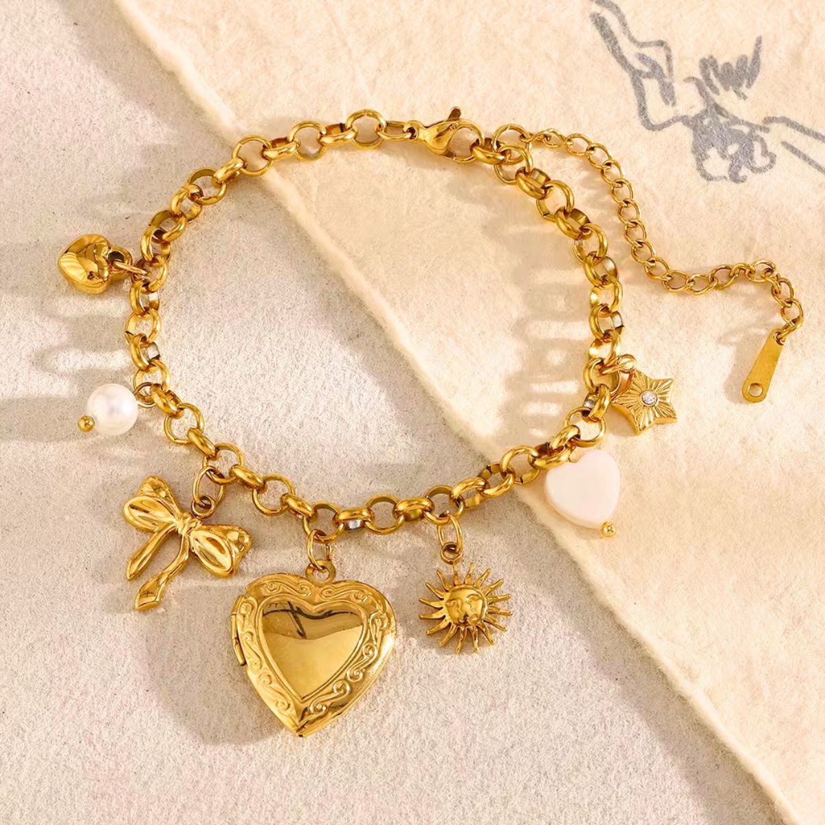 18kt gold plated chunky keepsake photo locket charm bracelet, maia