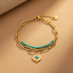 Load image into Gallery viewer, Mermaid Bracelet, 18KT Gold Plated Stainless Steel Boho Layered Natural Stone & Sun Charm Beaded Paperclip Bracelet