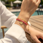Load image into Gallery viewer, Muse Bracelet, 18KT Gold Plated Stainless Steel Pink Boho Layered Natural Stone & Heart charm Beaded Paperclip Bracelet