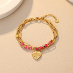 Load image into Gallery viewer, Muse Bracelet, 18KT Gold Plated Stainless Steel Pink Boho Layered Natural Stone & Heart charm Beaded Paperclip Bracelet
