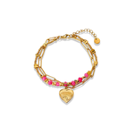 Load image into Gallery viewer, Muse Bracelet, 18KT Gold Plated Stainless Steel Pink Boho Layered Natural Stone & Heart charm Beaded Paperclip Bracelet