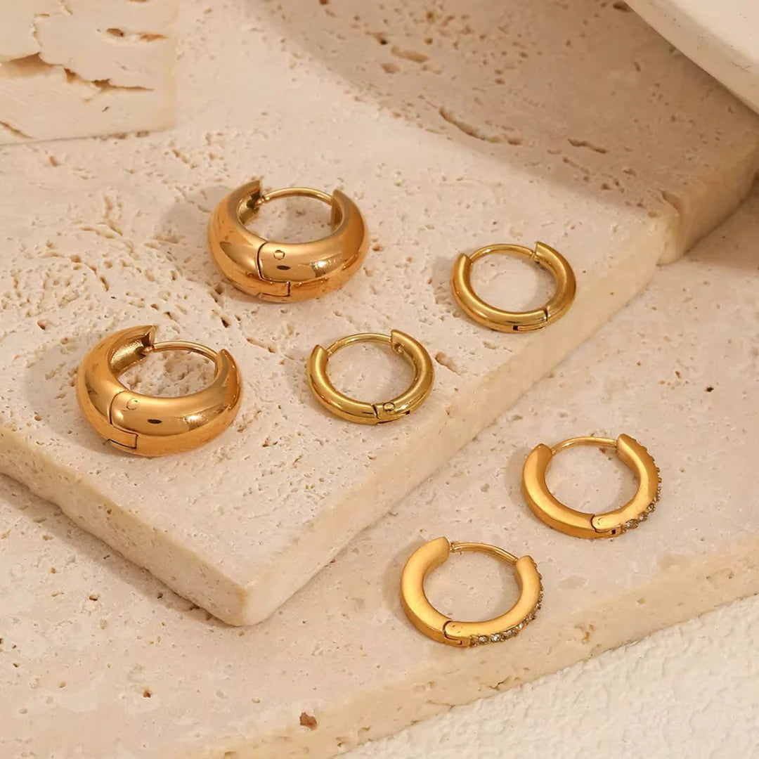 18kt gold plated dainty set of three bali and golden hoop waterproof earring set, pappilon