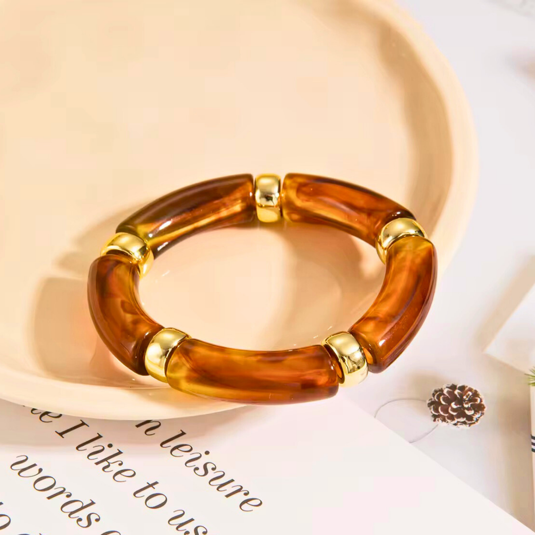 18KT Gold Plated Sleek Acrylic Brown Bead Bracelet, Petal