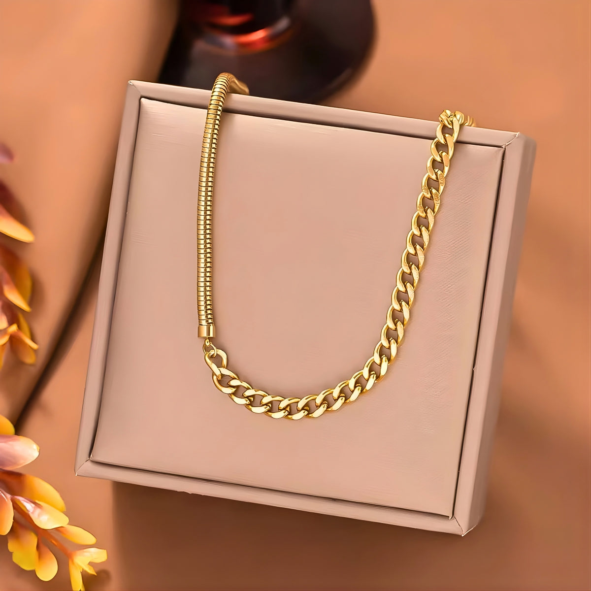 18kt gold plated stainless steel mixed snake and cuban chain necklace for women, prudence