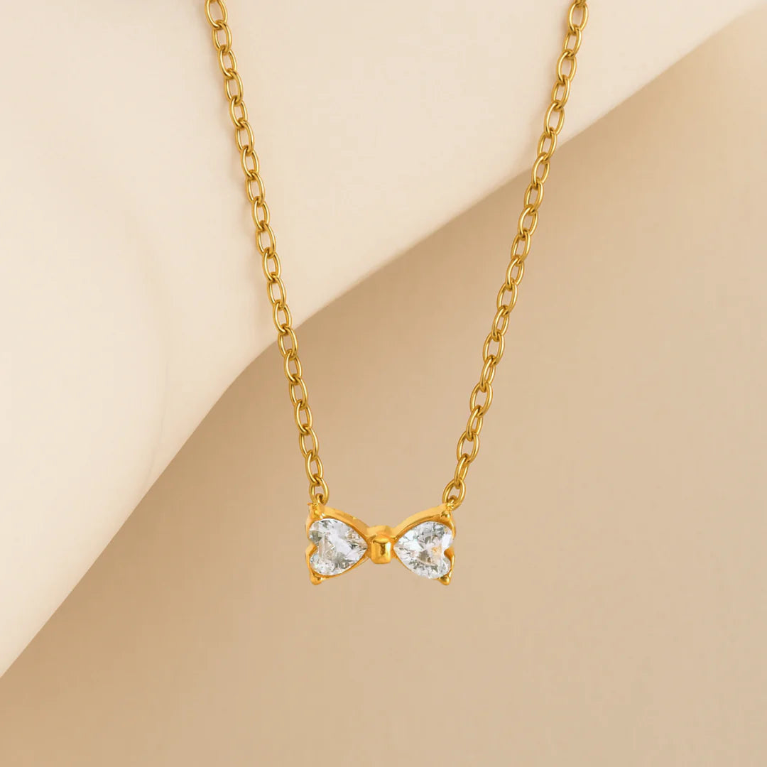 18KT Gold Plated Minimal Bow Knot Stainless Steel Waterproof Pendant Necklace, Sia