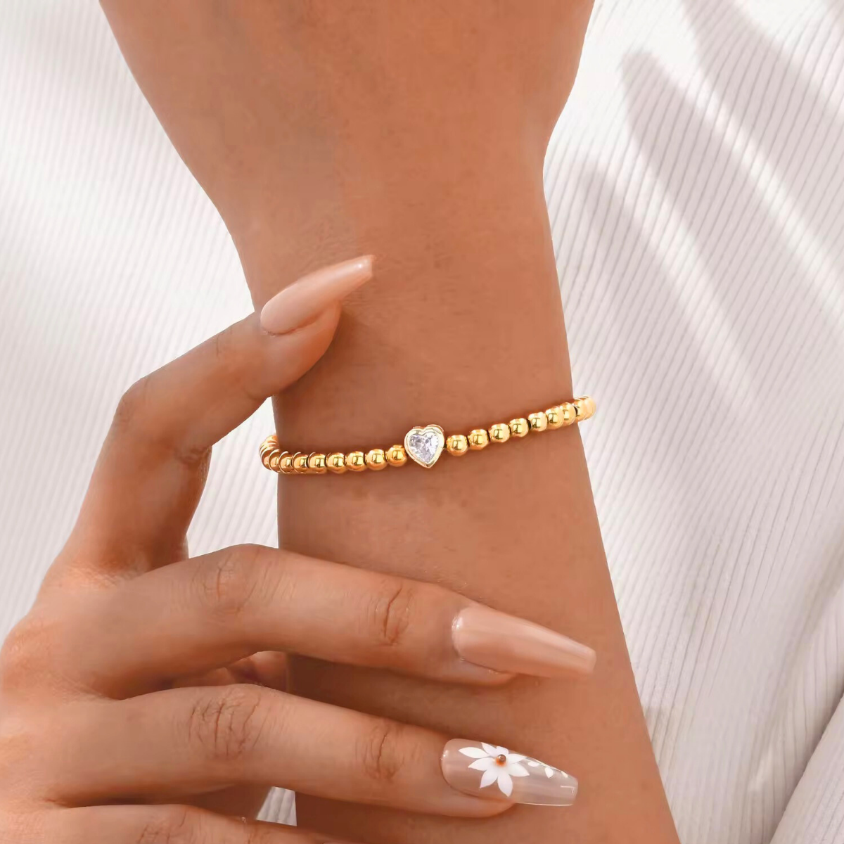 18 kt gold plated stainless steel bead & heart zircon stackable bracelet, sunset