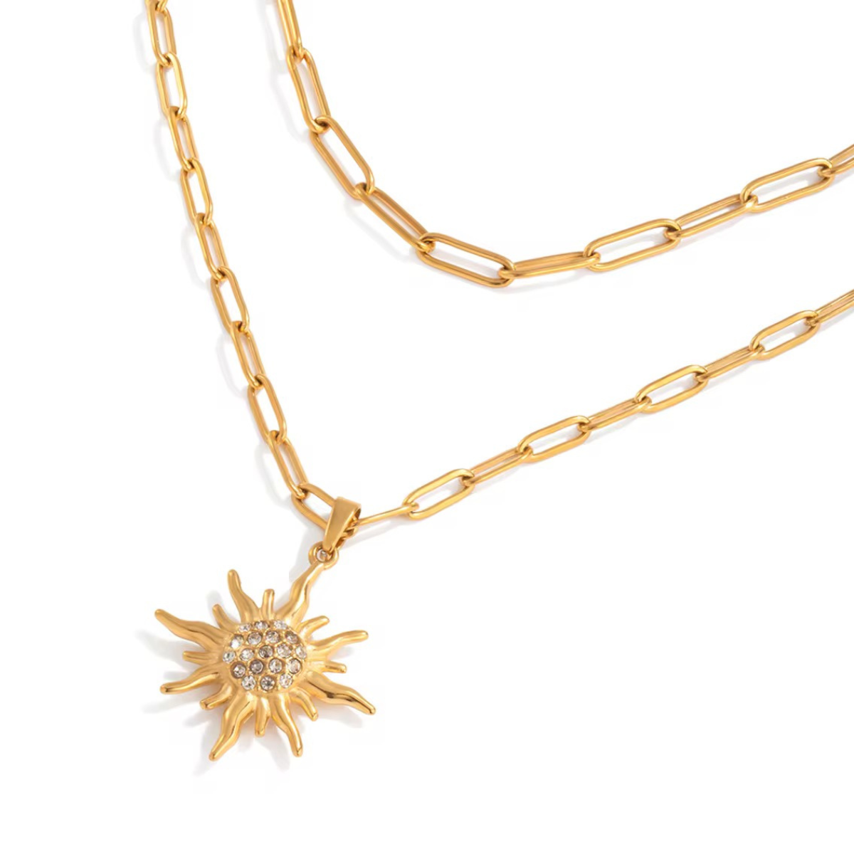 Inaya modern festive 18kt gold plated white rhinestone sun pendant double layered necklace, sun