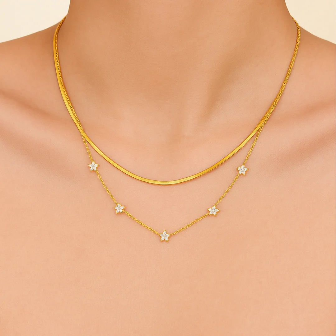 18KT Gold Plated Elegant Snake Chain and Floral Choker Stainless Steel Waterproof Necklace Set, Sylvie