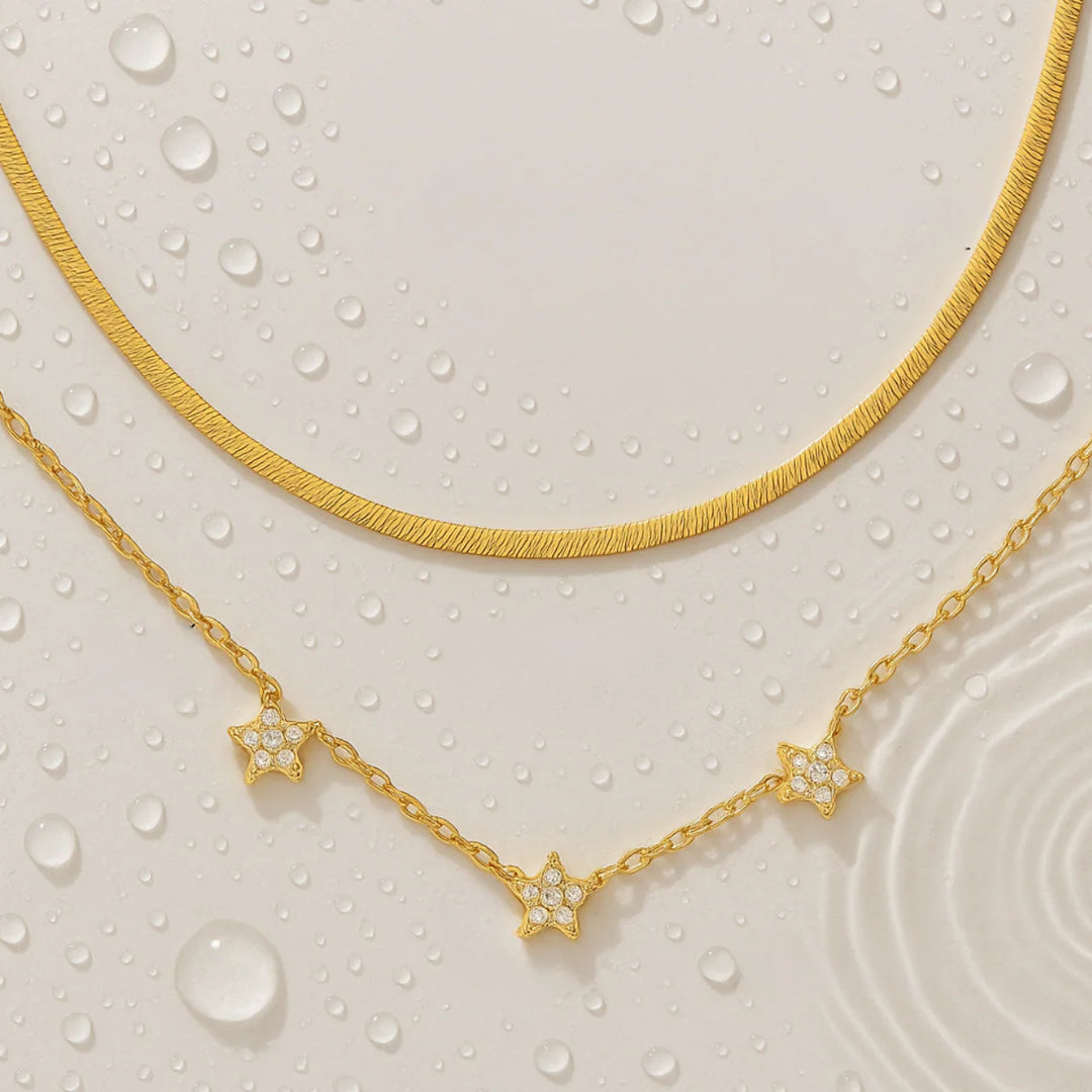 18KT Gold Plated Elegant Snake Chain and Floral Choker Stainless Steel Waterproof Necklace Set, Sylvie