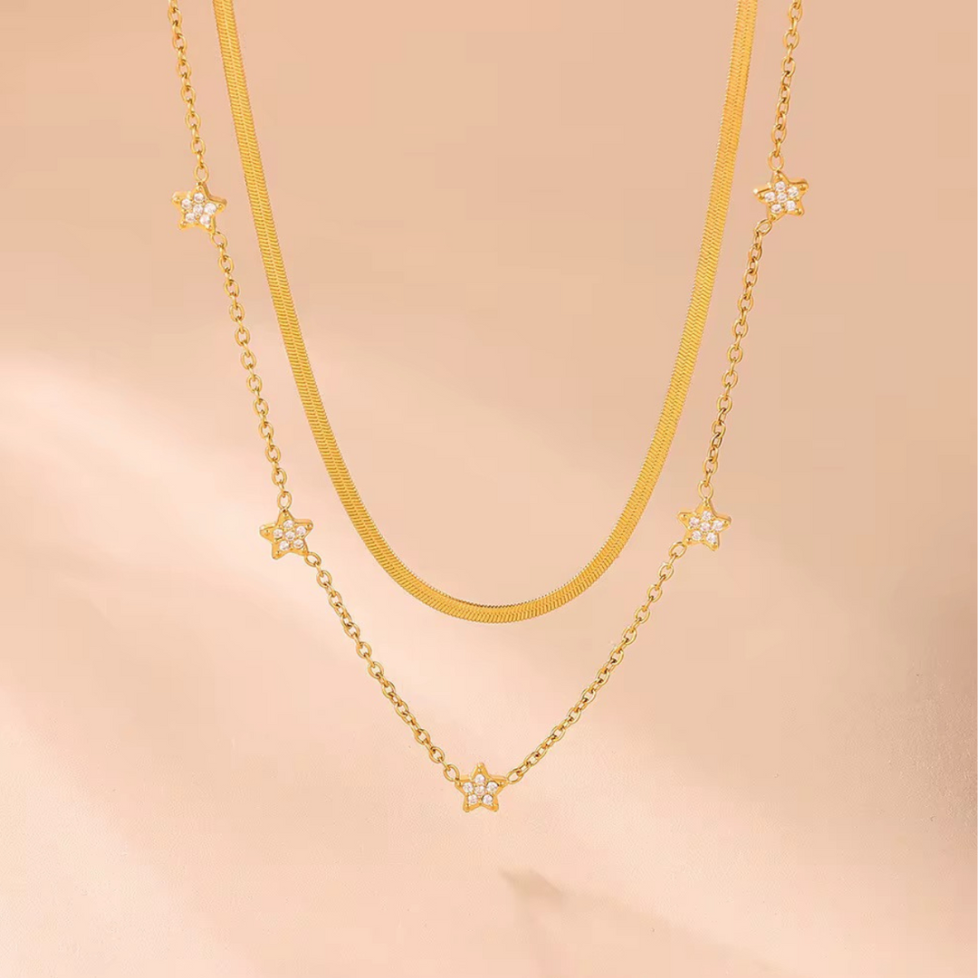 18KT Gold Plated Elegant Snake Chain and Floral Choker Stainless Steel Waterproof Necklace Set, Sylvie