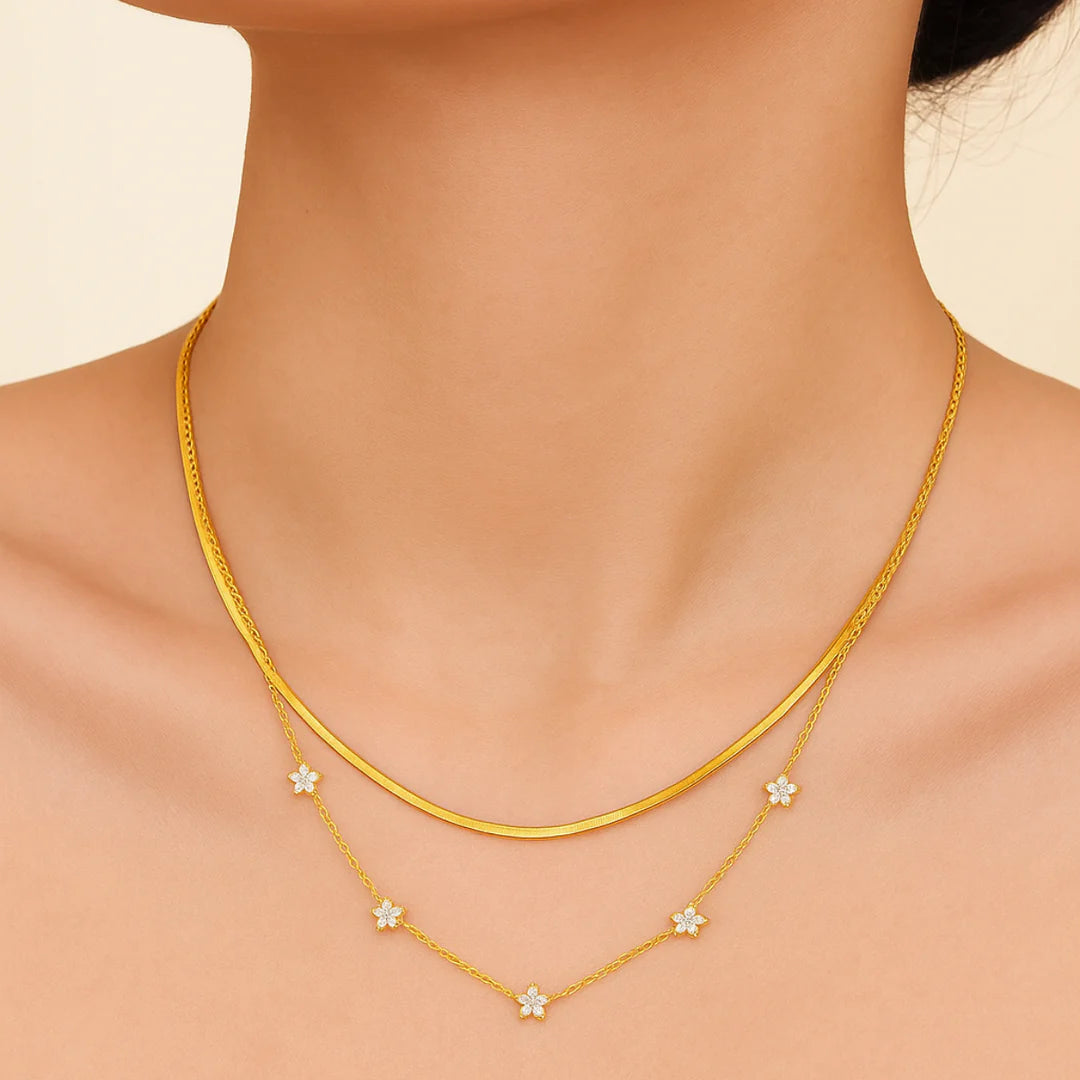 18KT Gold Plated Elegant Snake Chain and Floral Choker Stainless Steel Waterproof Necklace Set, Sylvie