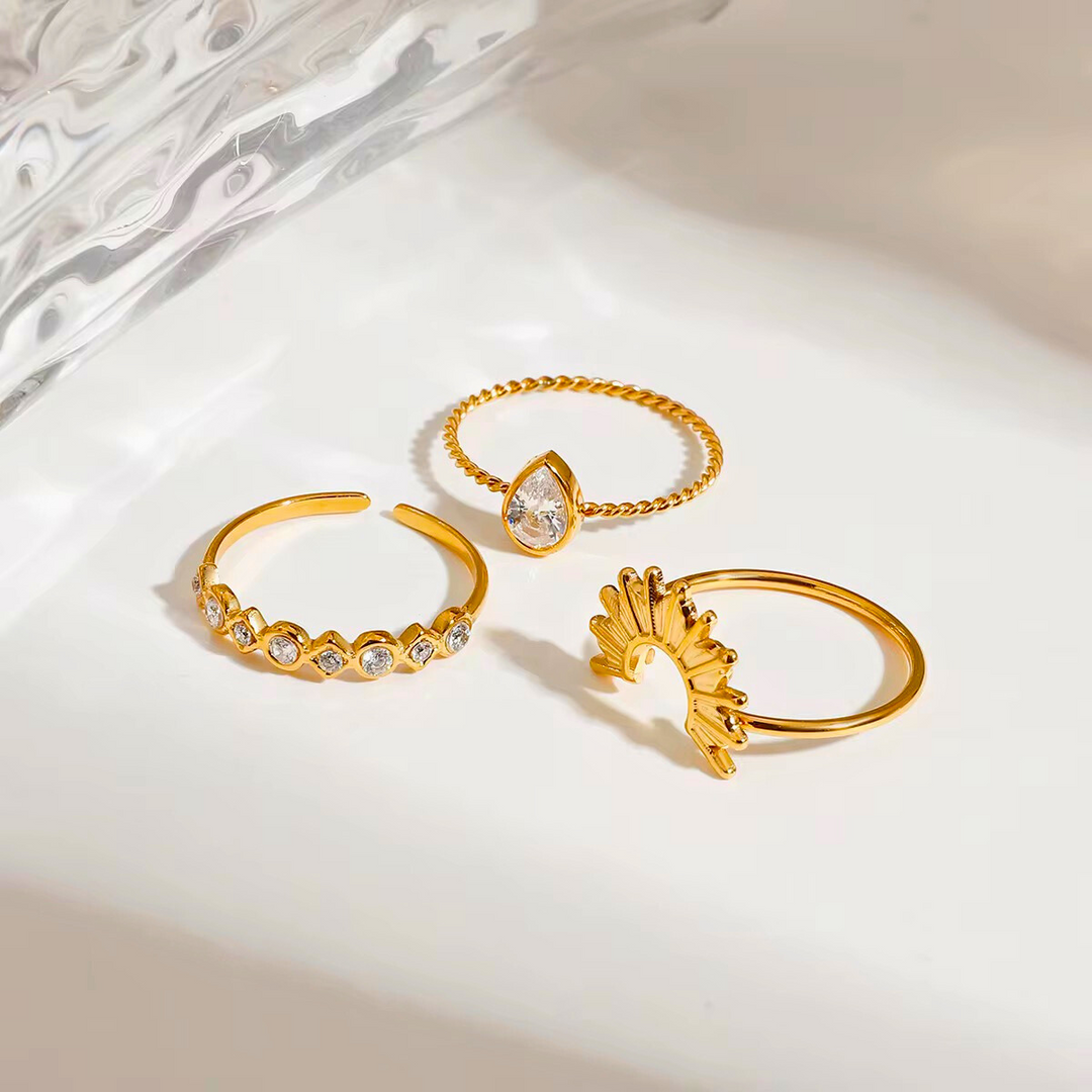 18KT Gold Plated Set of 3 Stackable Water Droplet and Petal Stainless Steel Waterproof Rings, Tulip