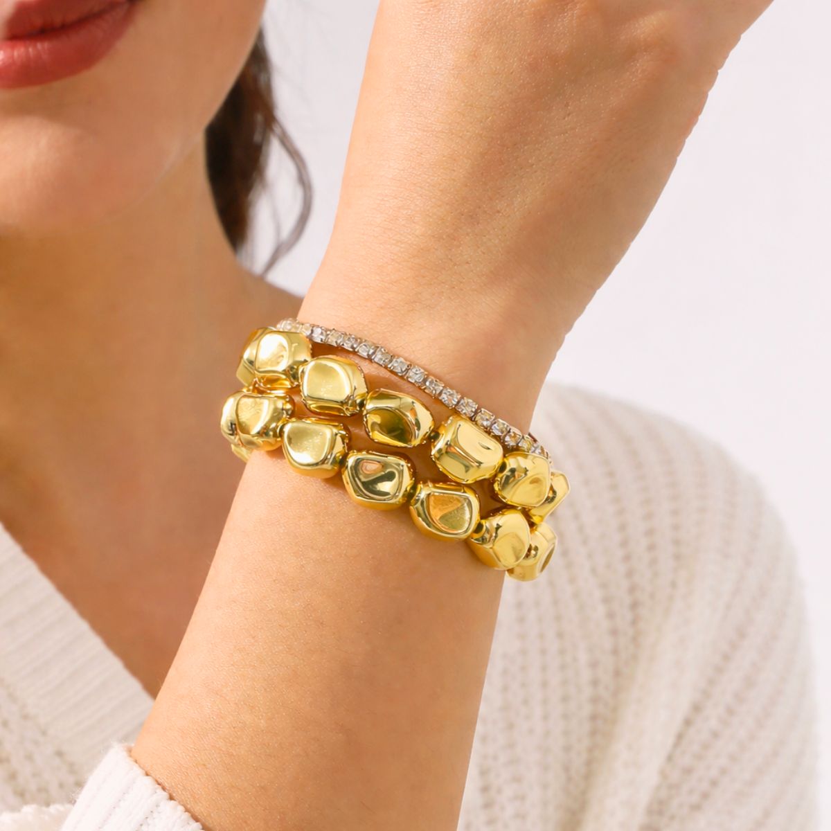 18kt gold plated organic nugget pebble bead & tennis bracelet set, valora