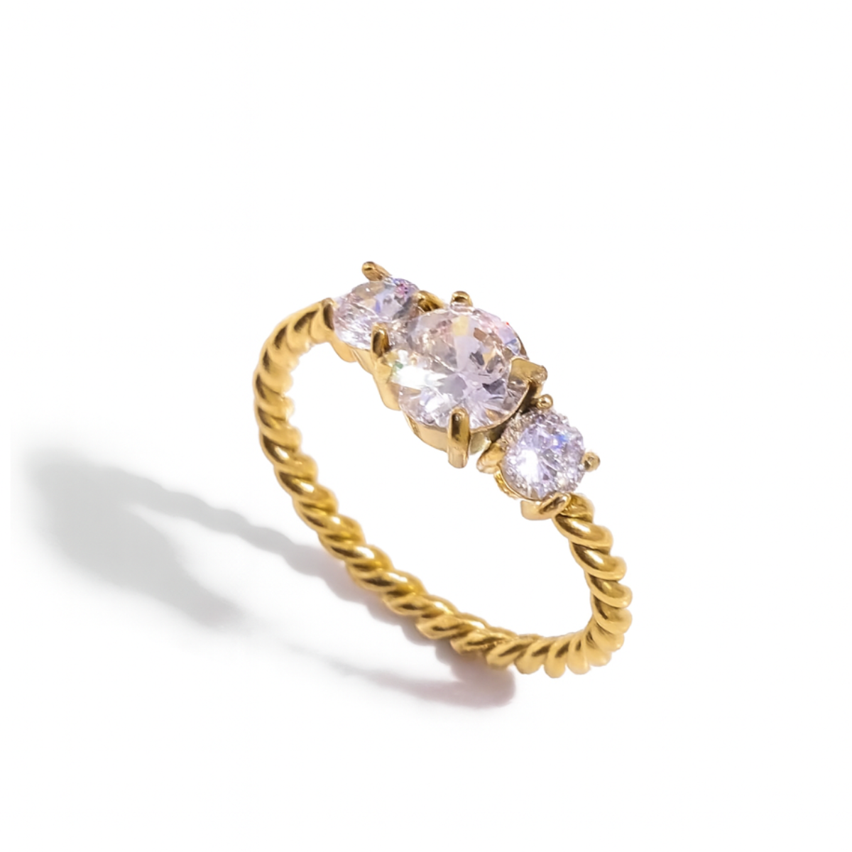 Inaya modern festive 18kt gold plated tripple round white zircon solitaire finger ring, vanya