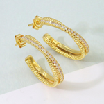 Load image into Gallery viewer, 18kt Gold Plated Dual Bar Cubic Zirconia Studded Statement Hoops, Aria