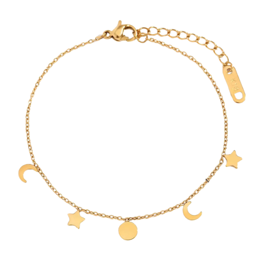 18kt Gold Plated Sun Star and Moon Dainty Charm Bracelet, August