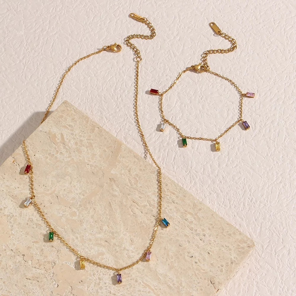 18KT Gold Plated Rainbow Rhinestone Necklace, Sara - Inaya Accessories
