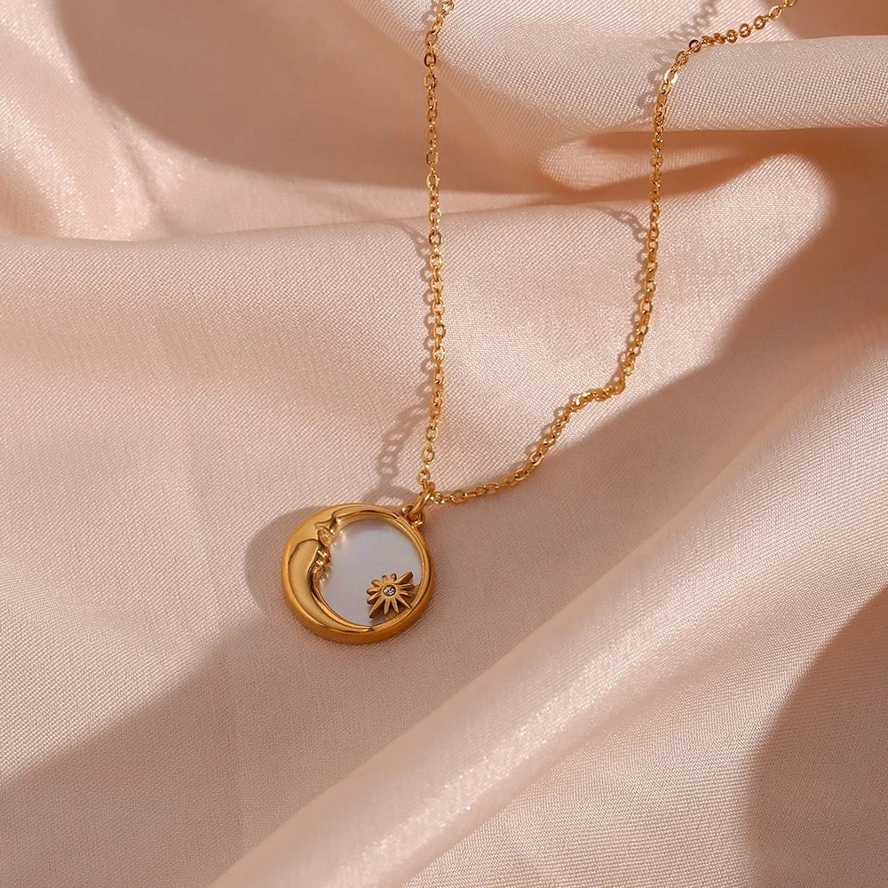 18 KT Gold Plated Dainty Shell Sun & Moon necklace, Paulami - Inaya Accessories