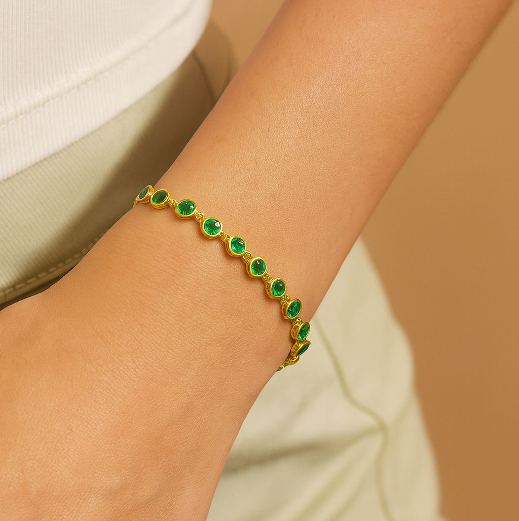 Inaya Modern Festive 18KT Gold Plated Modern Green Emerald Round Zircon Tennis Bracelet, Gaya