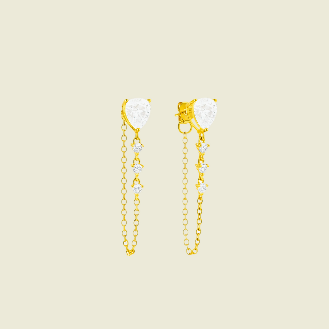 18KT Gold Plated Dainty Zircon Studded Droplet Hanging Chain Stainless Steel Waterproof Earrings, Breeze
