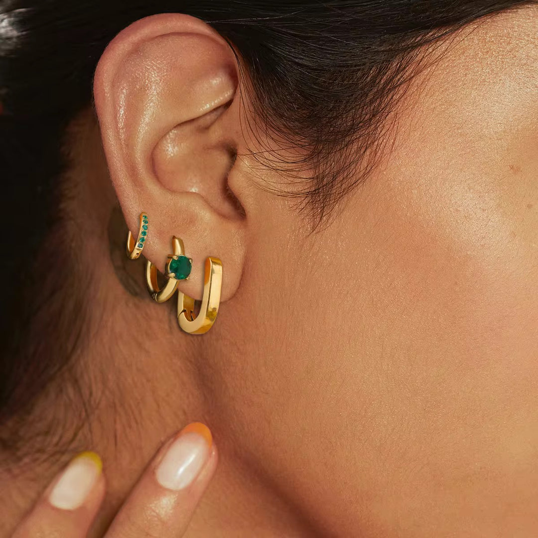 Inaya Modern Festive 18KT Gold Plated Set of 3 Emerald Green Zircon Round & Box Earrings, Kyra