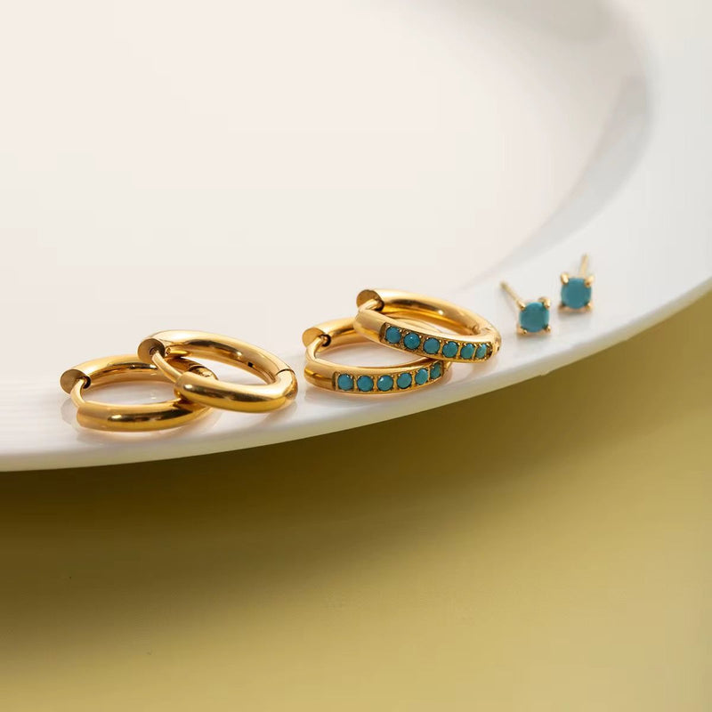 18KT Gold Plated 3pc Turquoise Hoop & Stud Earring Set, Volt