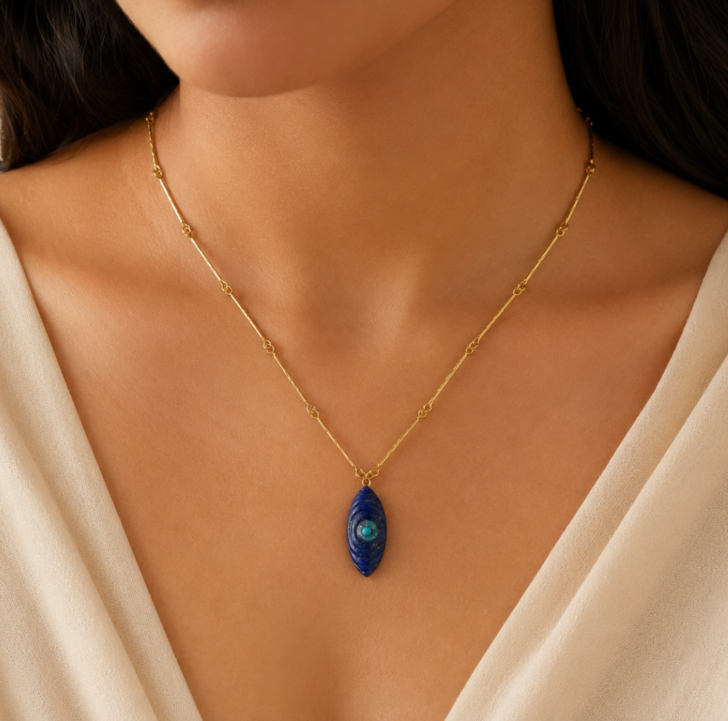 18kt gold plated bar link chain necklace with carved lapis lazuli evil eye pendant