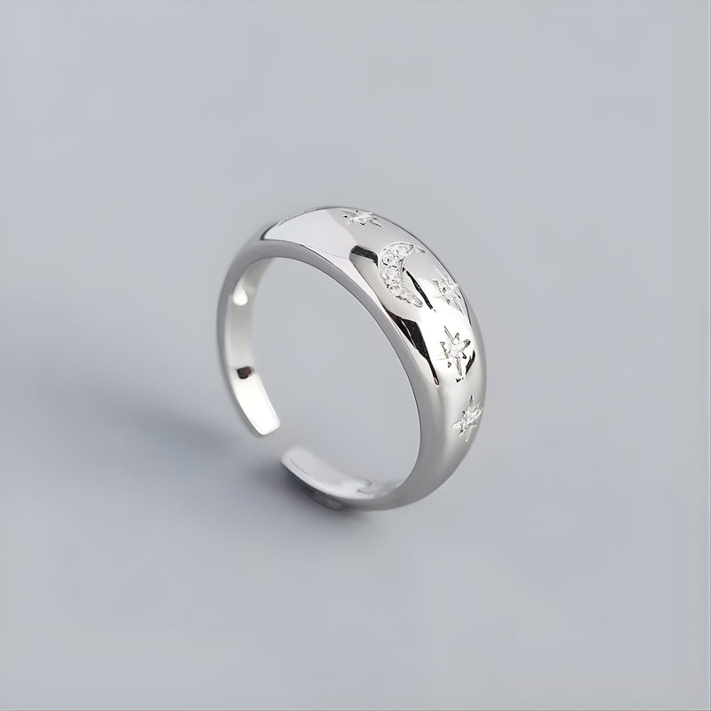 18KT Gold Plated Brass Crescent Moon and Star Wide Band Ring for Women, Genevieve