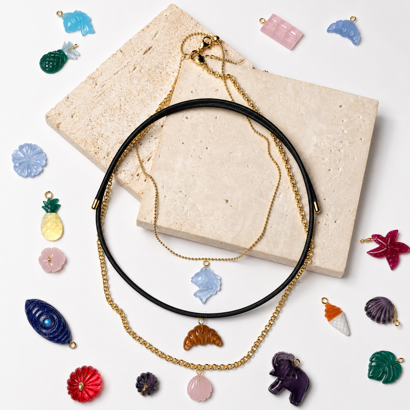 18KT Gold Plated Personalised Carved in Stone Charm Necklace, The Maya Collection