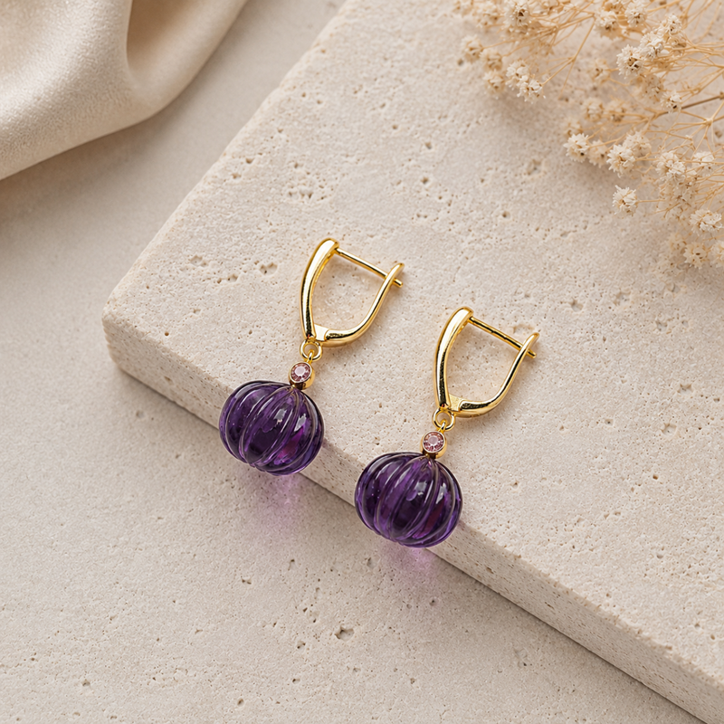 18kt Gold Plated Carved Natural Stone Pumpkin Shaped Drop Earrings