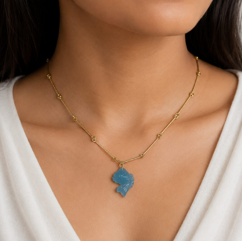 18KT Gold Plated Bar Link Chain Necklace with Carved Natural Stone Nemo Pendant