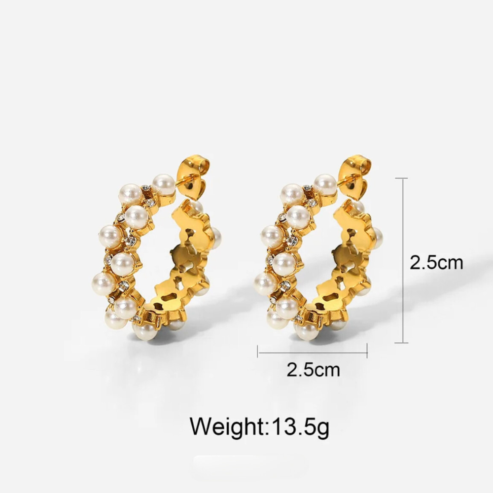 18kt Gold Plated Pearl Cubic Zirconia Hollow Hoop Earrings, Mahi