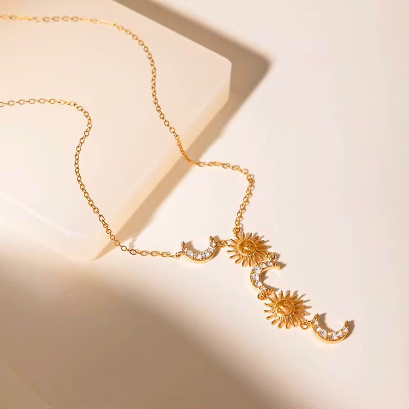 18K Gold plated Cosmic Sun Moon Spell Drop Necklace, Qiana