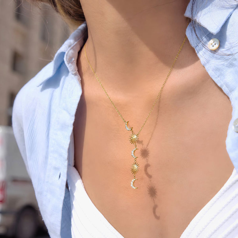 18K Gold plated Cosmic Sun Moon Spell Drop Necklace, Qiana