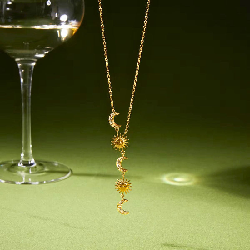 18K Gold plated Cosmic Sun Moon Spell Drop Necklace, Qiana