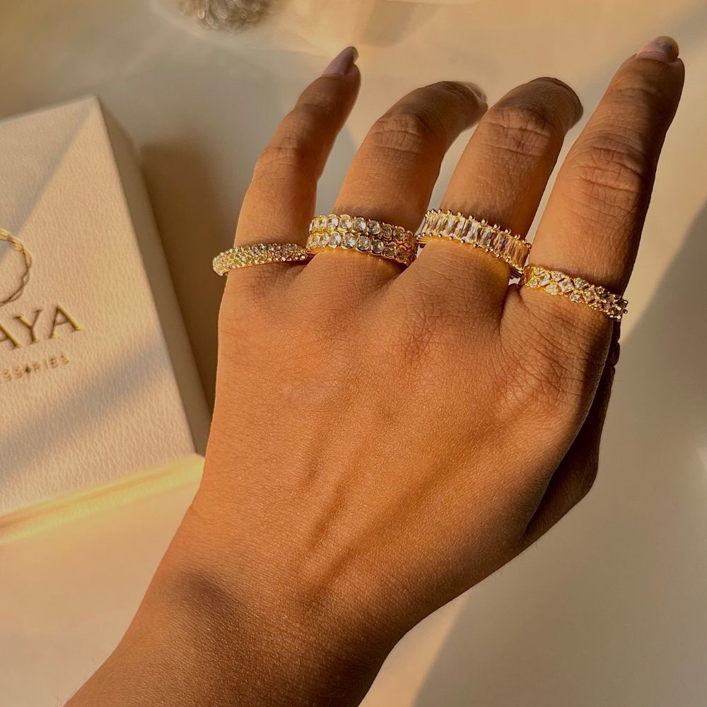 18kt Gold Plated Stackable Double Round Zircon Open Adjustable Ring, Delilah - Inaya Accessories