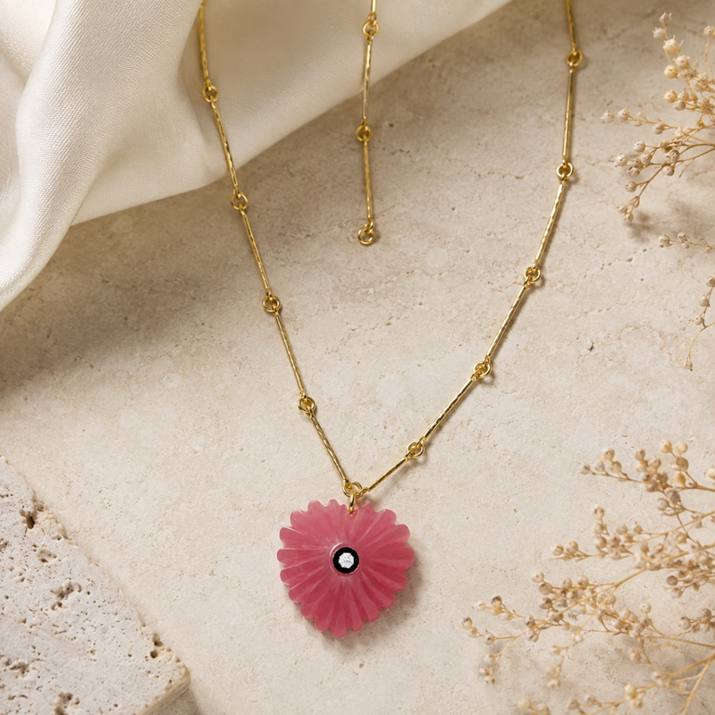 18KT Gold Plated Bar Link Chain Necklace with Carved Natural Stone Daisy Pendant