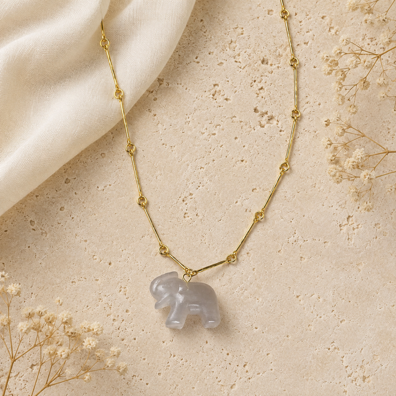 18KT Gold Plated Bar Link Chain Necklace with Carved Natural Stone Elephant Pendant
