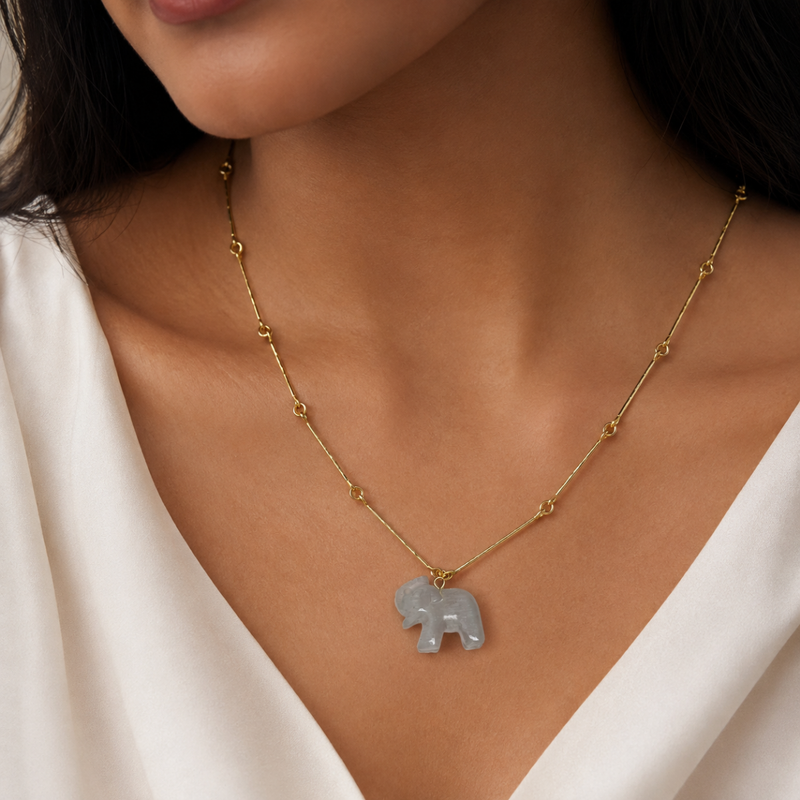 18KT Gold Plated Bar Link Chain Necklace with Carved Natural Stone Elephant Pendant