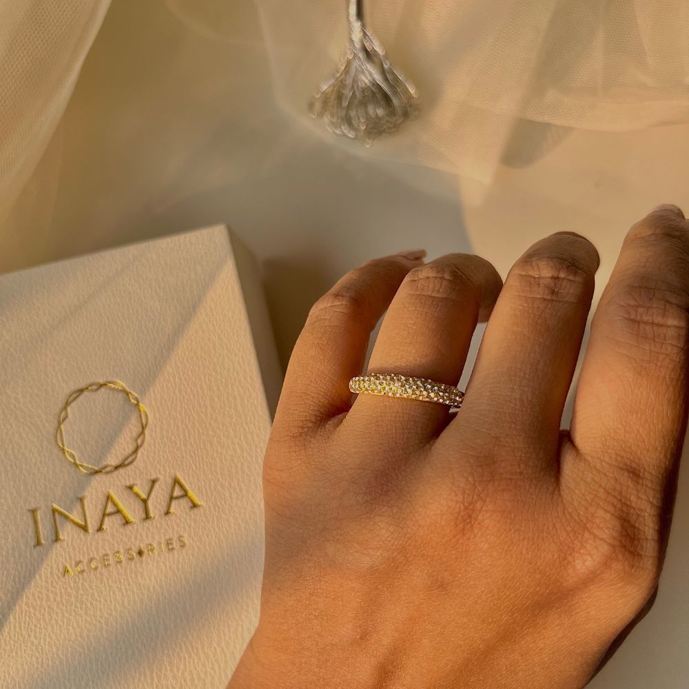18Kt Gold Plated Sleek Dome Zircon Studded Adjustable Ring, Krystal - Inaya Accessories