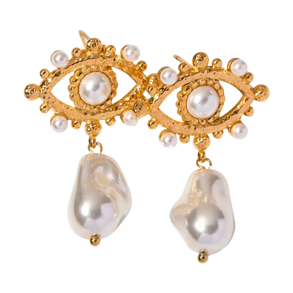 18kt Gold Plated Pearl Evil Eye Drop Earrings, Yara - Inaya Accessories