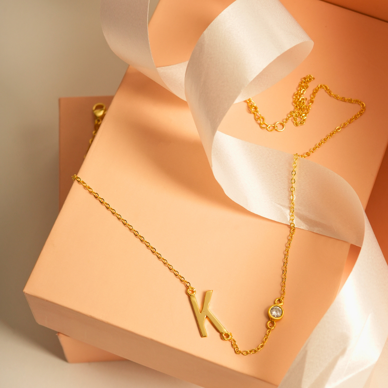 Inaya 18 KT Gold Plated Stainless Steel Chic Initial & Birthstone Necklace