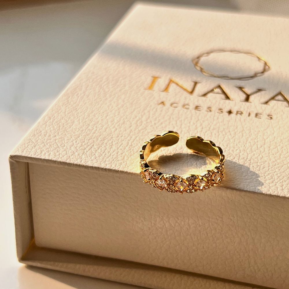 18kt Gold Plated Diamond and Flower Stackable Zircon Studded Ring, Diya - Inaya Accessories