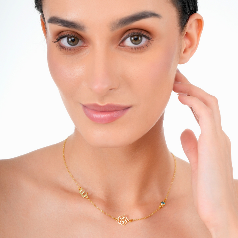 Inaya 18 KT Gold Plated Stainless Steel Personalised Initial, Flower & Birthstone Necklace