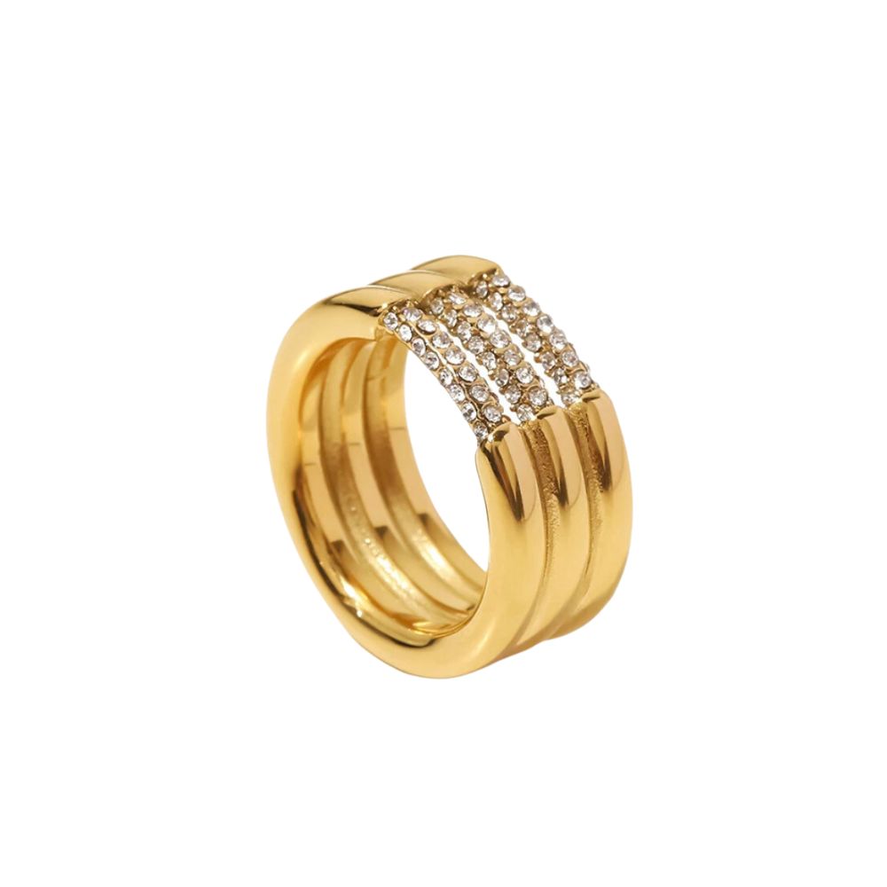 18kt Gold Plated Triple Chunky Zircon Studded Ring, Abigail - Inaya Accessories