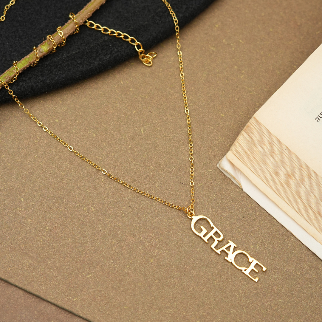 Inaya 18 KT Gold Plated Stainless Steel Capital Vertical Name Necklace