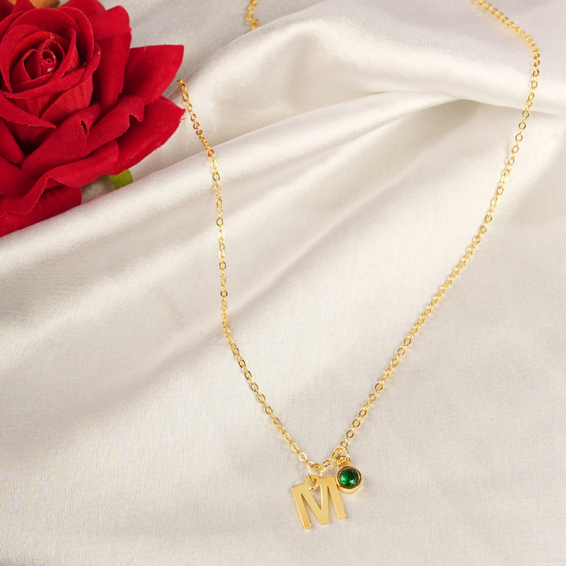 Inaya 18 KT Gold Plated Stainless Steel Chic Hanging Initial & Birthstone Necklace