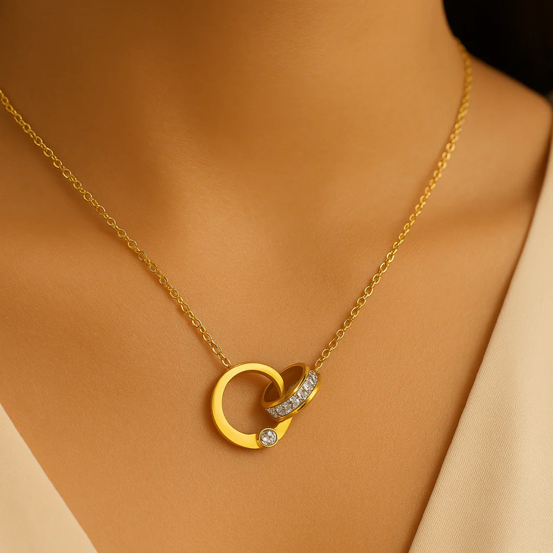 18kt Gold Plated Double Circle Lock Rhinestone Studded Necklace, Kira