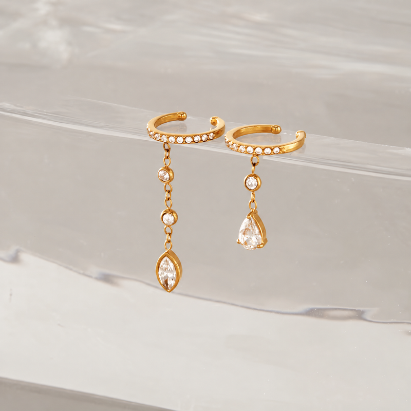 18kt Gold Plated Asymmetric Drop Ear Cuff Set, Nayra